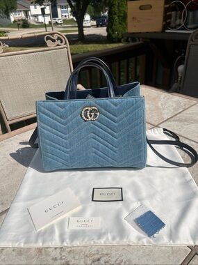 Gucci Denim Top Handle Satchel in Blue with Pearl GG matching wallet seperate.